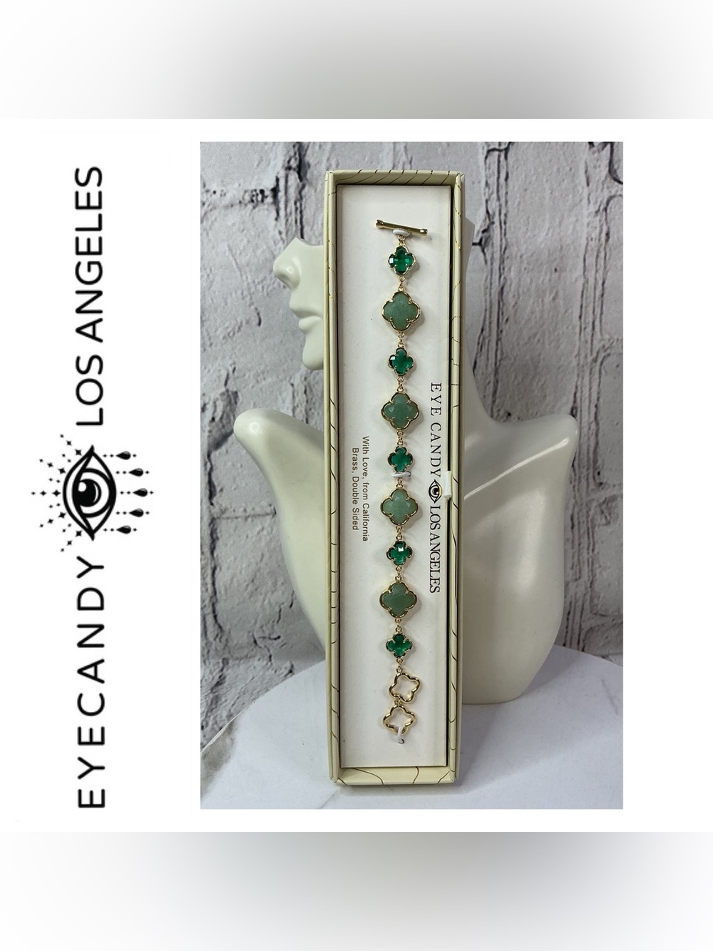 🌟🌟 Eye Candy Los Angeles Gold Bracelet with Green Clover Stones